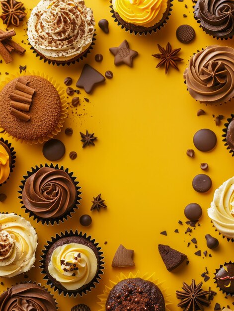 Foto uma variedade de deliciosas sobremesas e doces de chocolate sobre um fundo amarelo vibrante