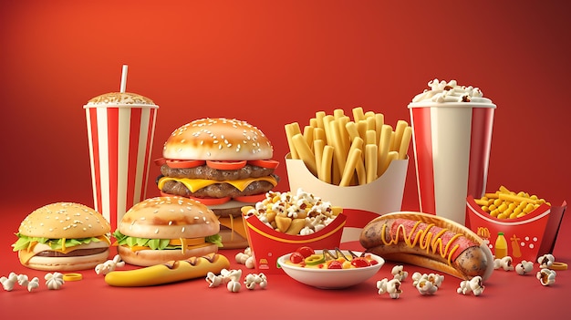 Uma variedade de deliciosos itens de fast food estão dispostos em um fundo vermelho Há dois hambúrgueres um cachorro-quente uma grande ordem de batatas fritas e dois refrigerantes