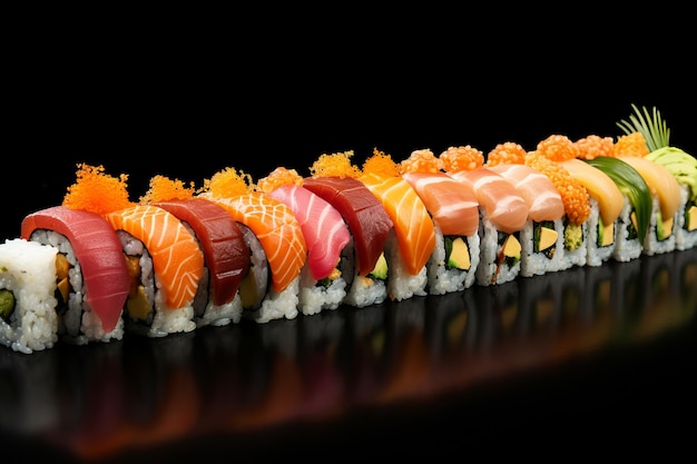 Uma variedade de deliciosos rolos de sushi frescos e saborosos da culinária japonesa com uma variedade de ingredientes