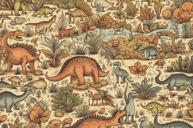 Uma variedade de dinossauros e outros dinossauros em um fundo natural.