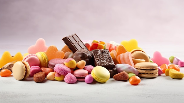 Uma variedade de doces estão sobre uma mesa.