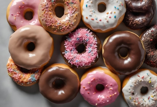 Uma variedade de donuts com diferentes coberturas e cobertura, incluindo salpicaduras de perto