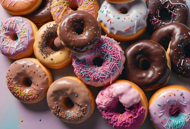 Uma variedade de donuts com diferentes coberturas e cobertura, incluindo salpicaduras de perto