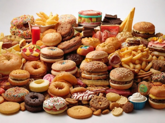 uma variedade de donuts donuts e outros itens estão em exposição