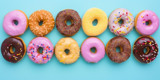 Uma variedade de donuts em um fundo azul