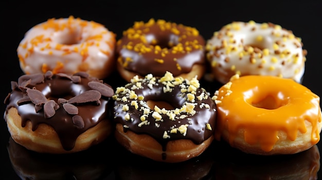 Uma variedade de donuts em uma mesa preta