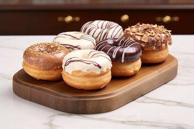 Uma variedade de donuts em uma tábua de madeira em mármore