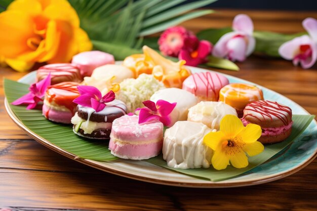 Foto uma variedade de donuts em uma travessa com tema tropical