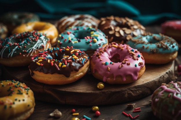 Uma variedade de donuts está em uma bandeja de madeira.