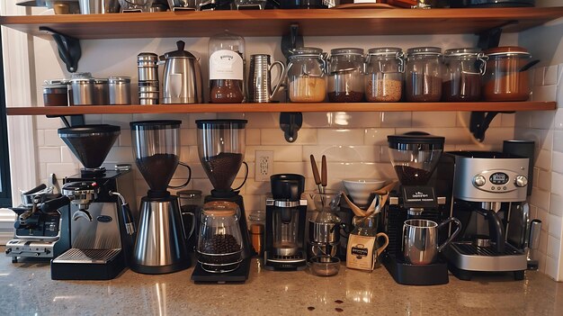 Foto uma variedade de equipamentos de fabricação de café em um balcão de cozinha o equipamento inclui um moedor de café uma cafeteira e uma variedade de grãos de café