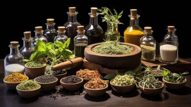 Uma variedade de ervas medicinais, remédios naturais para a saúde Generative AI