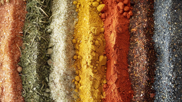 Uma variedade de especiarias coloridas estão dispostas em linhas, incluindo sal de orégano, cúrcuma, pimentão e pimenta preta