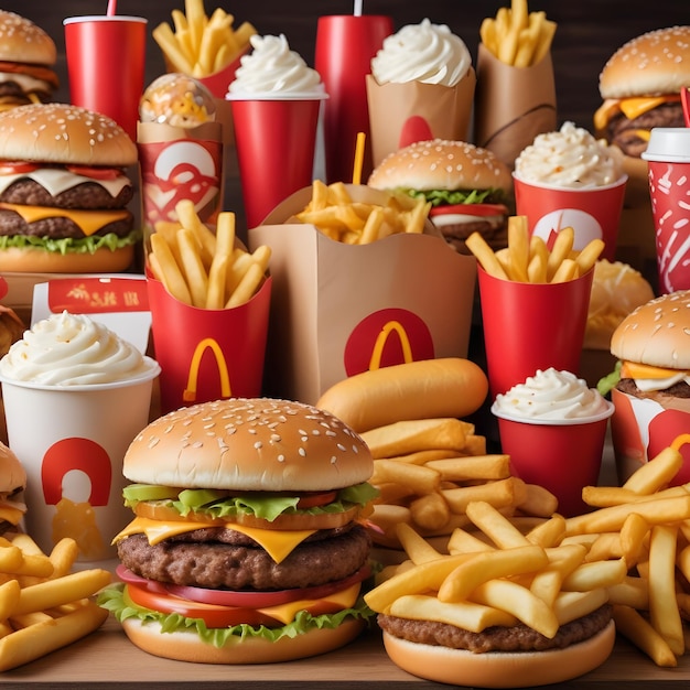 Foto uma variedade de fast food, incluindo batatas fritas mcdonald's e um mcdonald's