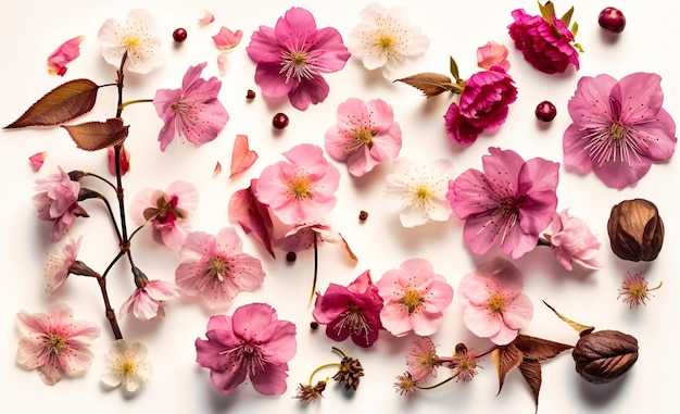 Uma variedade de flores cor de rosa em um fundo branco