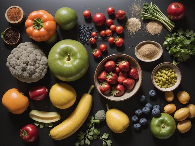 uma variedade de frutas e legumes em tigelas foco de comida fotografia de comida de saúde