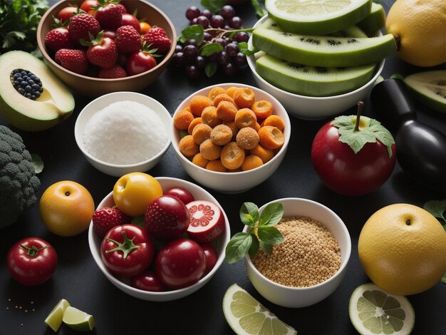 Foto uma variedade de frutas e legumes em tigelas foco de comida fotografia de comida de saúde