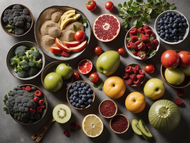 uma variedade de frutas e legumes em tigelas foco de comida fotografia de comida de saúde