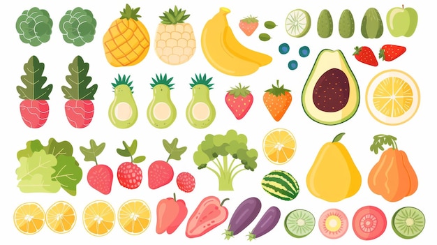 Uma variedade de frutas e legumes estão em exposição, incluindo morangos, mirtilos, bananas, abacates e brócolis.