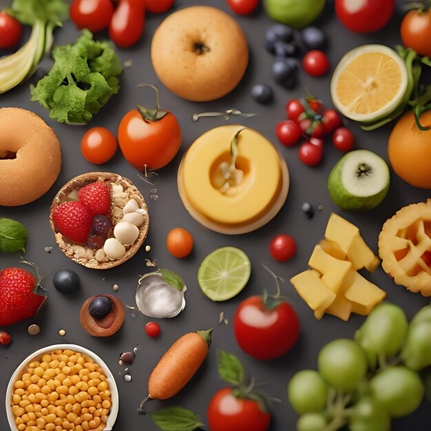 Foto uma variedade de frutas e legumes estão em uma mesa