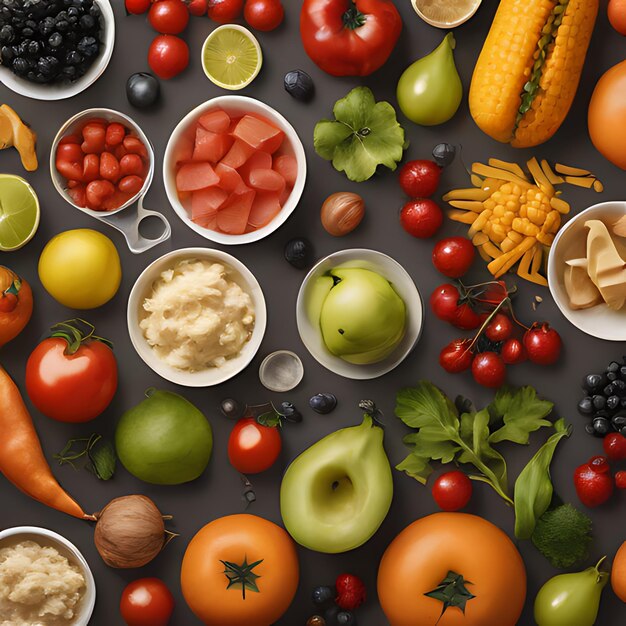 Foto uma variedade de frutas e legumes são exibidos em uma mesa