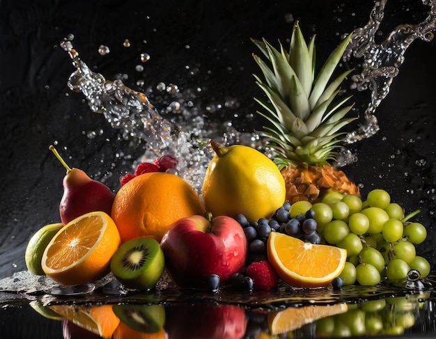 Uma variedade de frutas frescas e salpicos de água sobre um fundo preto panorâmico