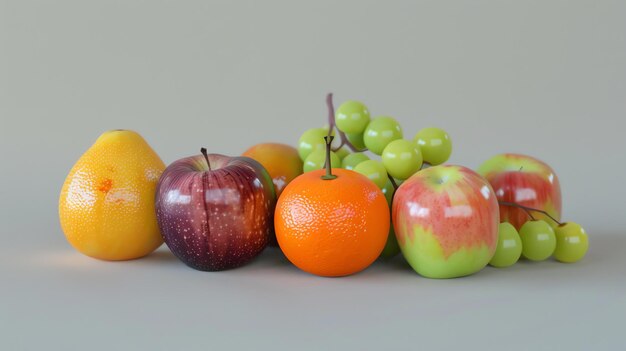 Uma variedade de frutas frescas, incluindo maçãs, uvas e peras, estão dispostas numa superfície sólida