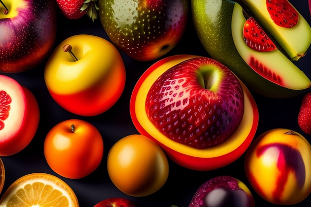 Uma variedade de frutas, incluindo morangos, laranjas e outras frutas