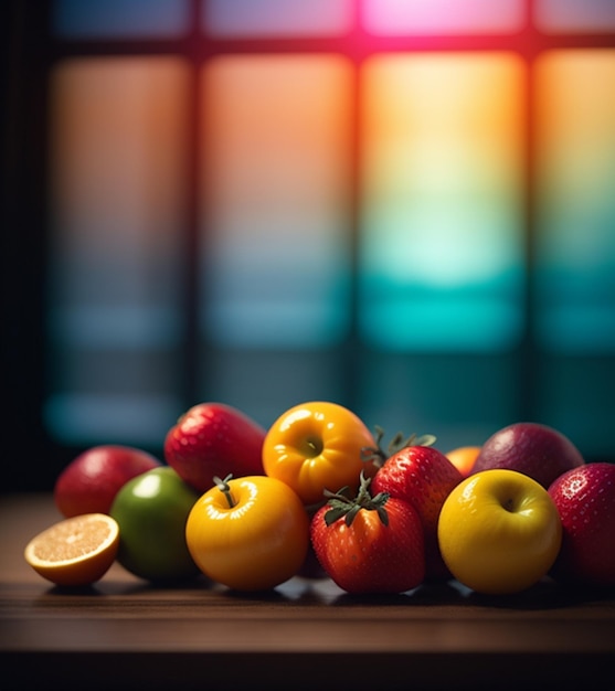 Uma variedade de frutas, incluindo tomates, limões e laranjas.