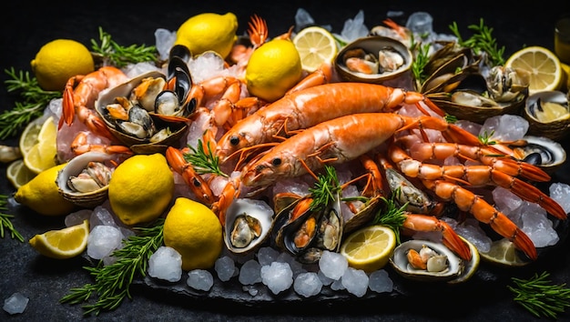 Foto uma variedade de frutos do mar crus sobre um fundo escuro