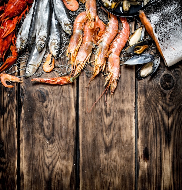 Uma variedade de frutos do mar em uma rede de pesca com fundo de madeira