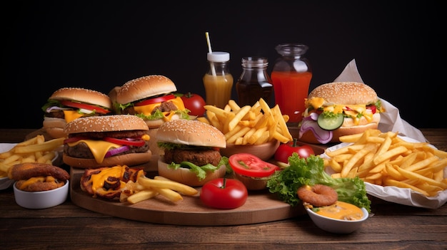 Uma variedade de hambúrgueres e batatas fritas estão sobre uma mesa.