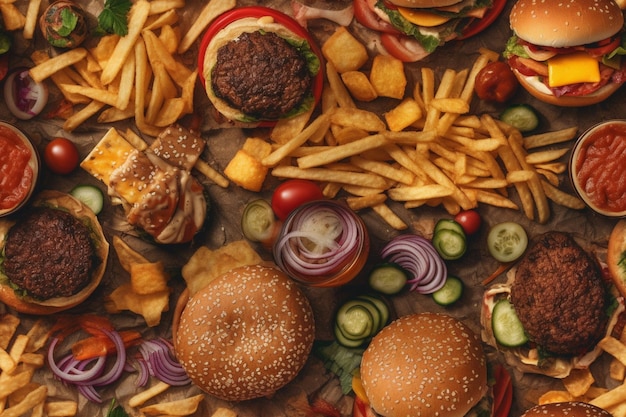 Uma variedade de hambúrgueres e batatas fritas estão sobre uma mesa.