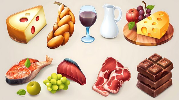 Uma variedade de ícones alimentares, incluindo queijo, pão, vinho, frutas, peixe e chocolate