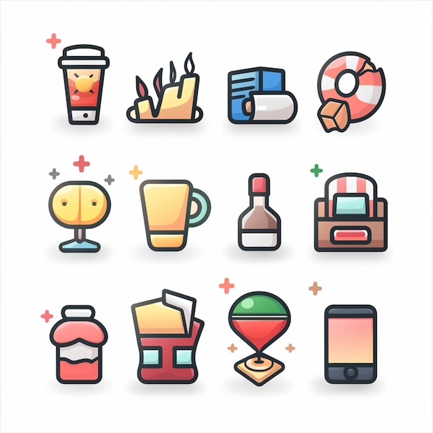 uma variedade de ícones diferentes, incluindo uma garrafa de cerveja