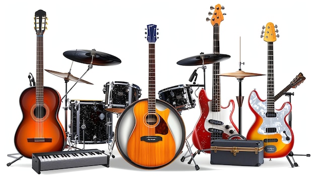 Uma variedade de instrumentos musicais são dispostos juntos, incluindo um conjunto de tambores, guitarras, teclado e baixo.