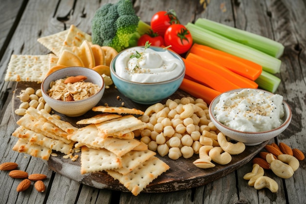 Uma variedade de lanches saudáveis, incluindo vegetais crocantes, nozes, sementes e biscoitos de grãos inteiros