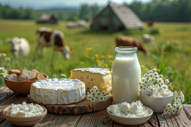 Uma variedade de laticínios em uma mesa com vacas pastando ao fundo