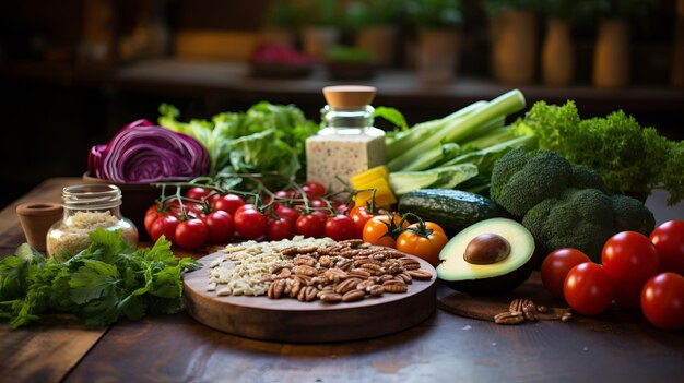 Uma variedade de legumes e frutas frescos em uma mesa de madeira