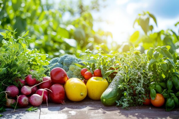 Uma variedade de legumes e frutas frescos em uma mesa de madeira