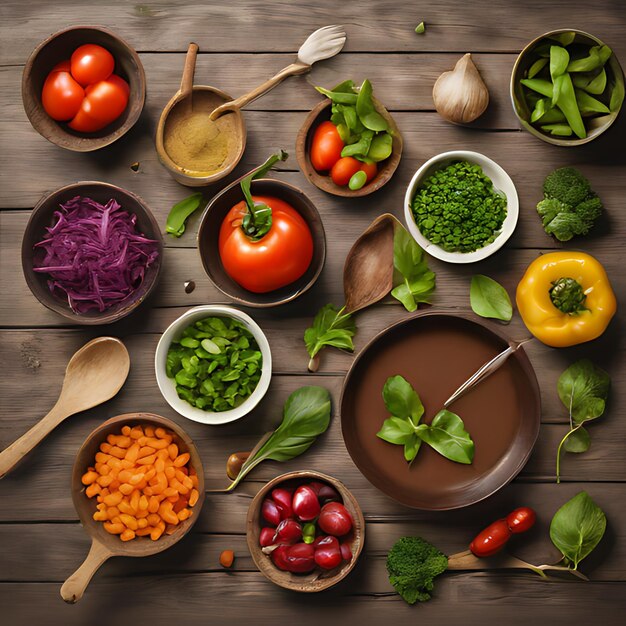 Foto uma variedade de legumes, incluindo cebolas, tomates, azeitona e azeitona, estão dispostos numa mesa de madeira