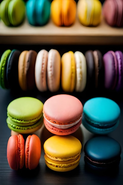 Uma variedade de macarons está em uma mesa ao lado de uma caixa de macaroons.