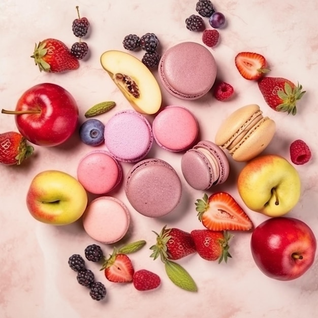 Uma variedade de macaroons e frutas são dispostas em um fundo rosa.
