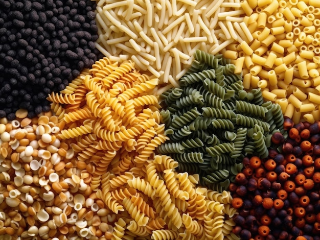 Uma variedade de macarrão fusilli sem glúten e feijão para uma dieta saudável