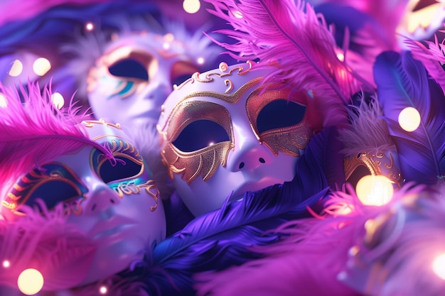 Uma variedade de máscaras de carnaval festivas adornadas com sotaques dourados e penas lançando um feitiço de