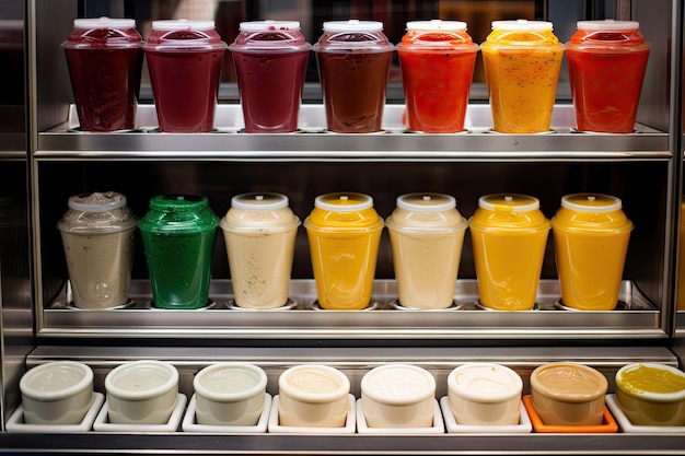 Uma variedade de molhos e condimentos em uma vitrine de restaurante com cores e texturas diferentes