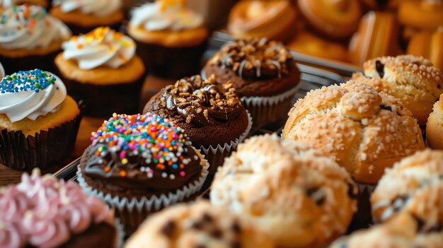 Uma variedade de muffins e cupcakes estão dispostos em uma mesa