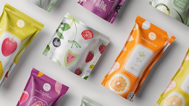 Uma variedade de pacotes de alimentos coloridos com frutas e bagas em um fundo branco Os pacotes são todos de cores diferentes