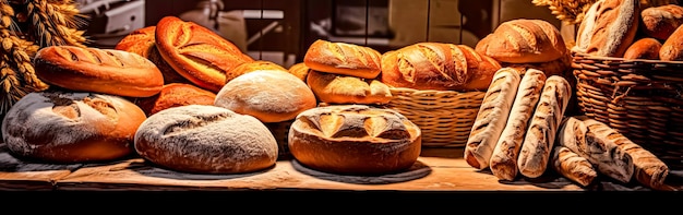 Foto uma variedade de pão recém-cozido em uma mesa de padaria de madeira