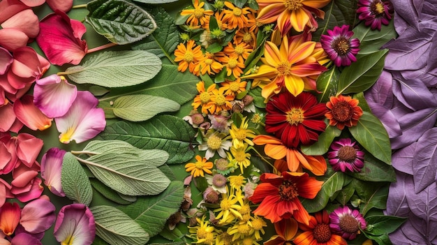 Uma variedade de pétalas e folhas de flores coloridas mostrando a incrível variedade de flora usada para