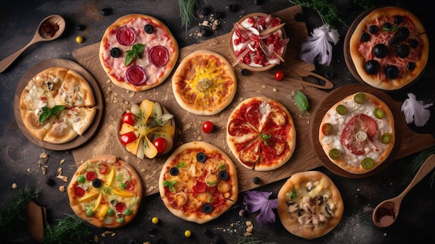 Uma variedade de pizzas em uma mesa